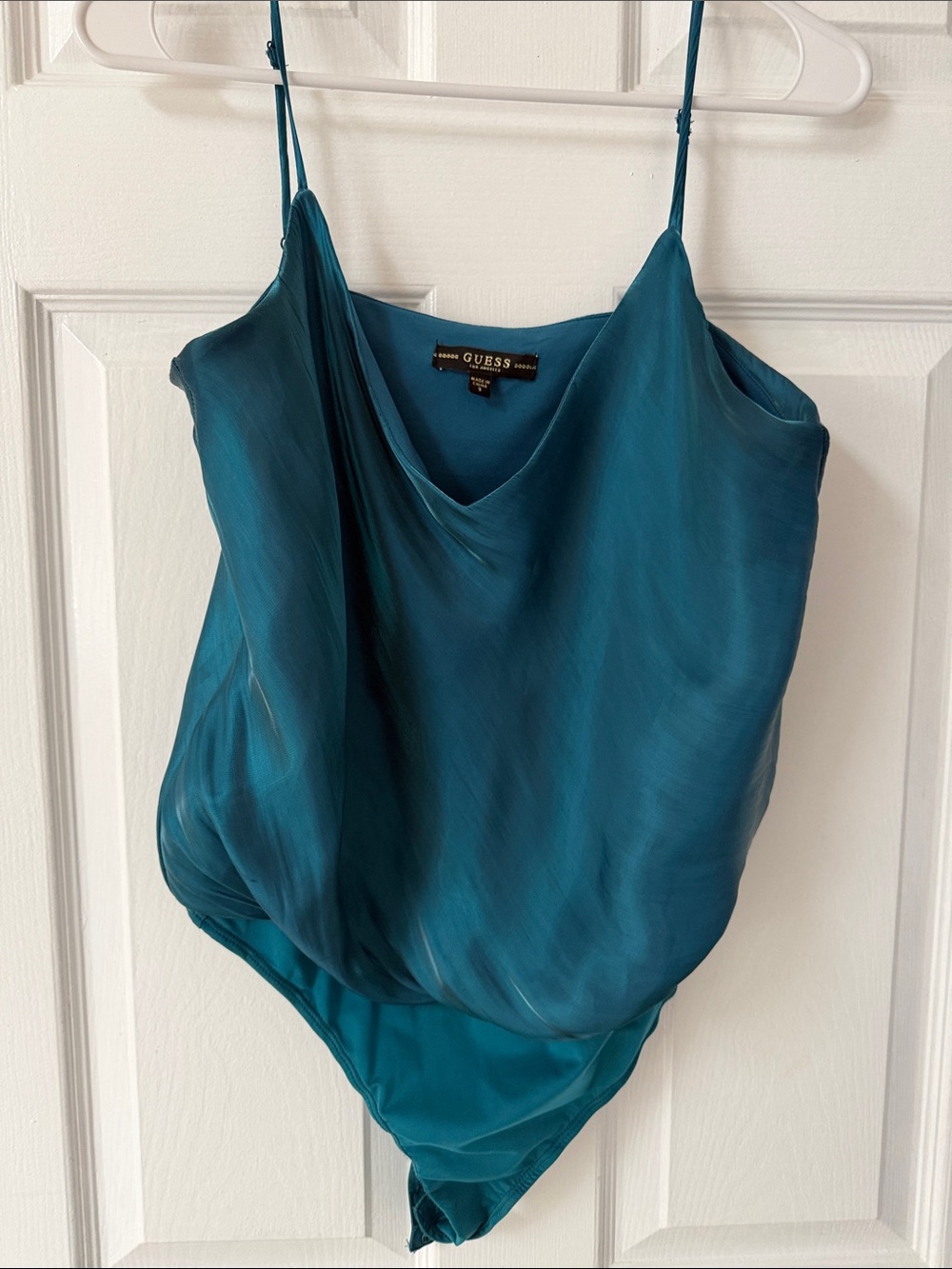 GUESS Teal Satin Cowl-Neck Cami Bodysuit